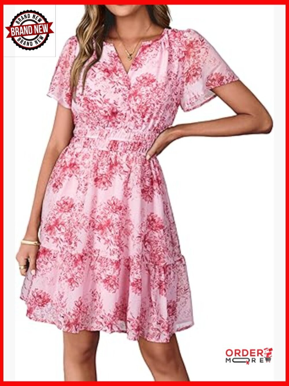 Flowy Chiffon Mini Dress Short Sleeve V-Neck A-Line Boho Casual Summer